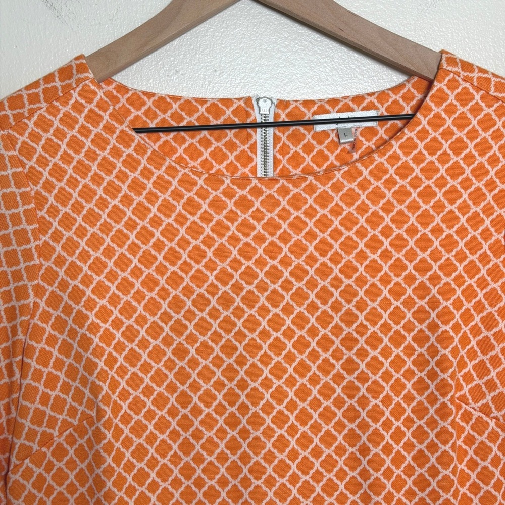 Tyler Boe Orange White Geometric Lattice Bell Sleeve Shift Dress Large 60s Retro - Picture 6 of 9